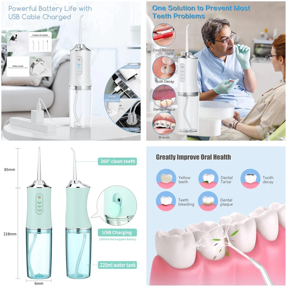 Water Flosser Portable Dental Water Jet Oral Teeth Irrigator Waterproof Tooth Cleaner Water Flosser Oral Flosser 3 Modes And 4 Nozzels 220 ML