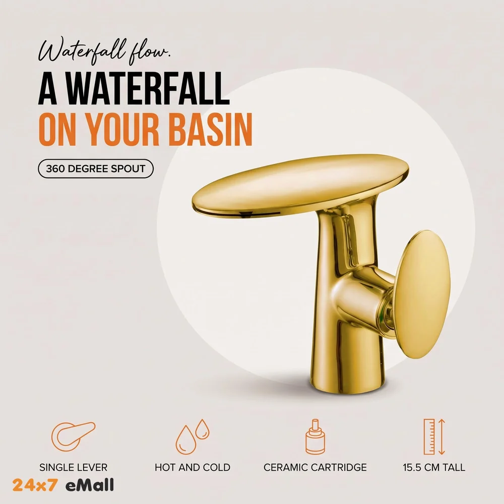 Waterfall Gold Faucet Tap Mixer Hot and Cold Heavy Single Lever Basin Mixer 15.5 Cm 360 Degree Rotating Spout and Ceramic Cartridge for Bathroom Wash Basins
