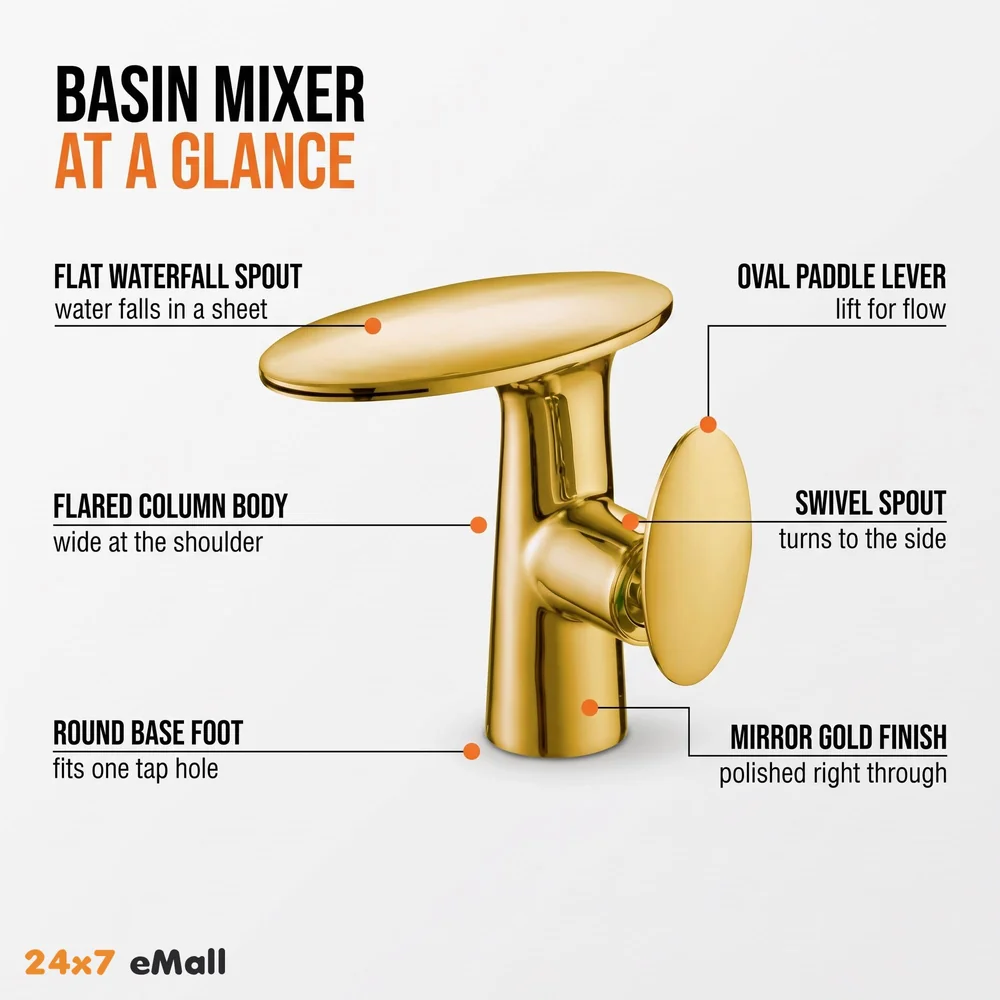 Waterfall Gold Faucet Tap Mixer Hot and Cold Heavy Single Lever Basin Mixer 15.5 Cm 360 Degree Rotating Spout and Ceramic Cartridge for Bathroom Wash Basins