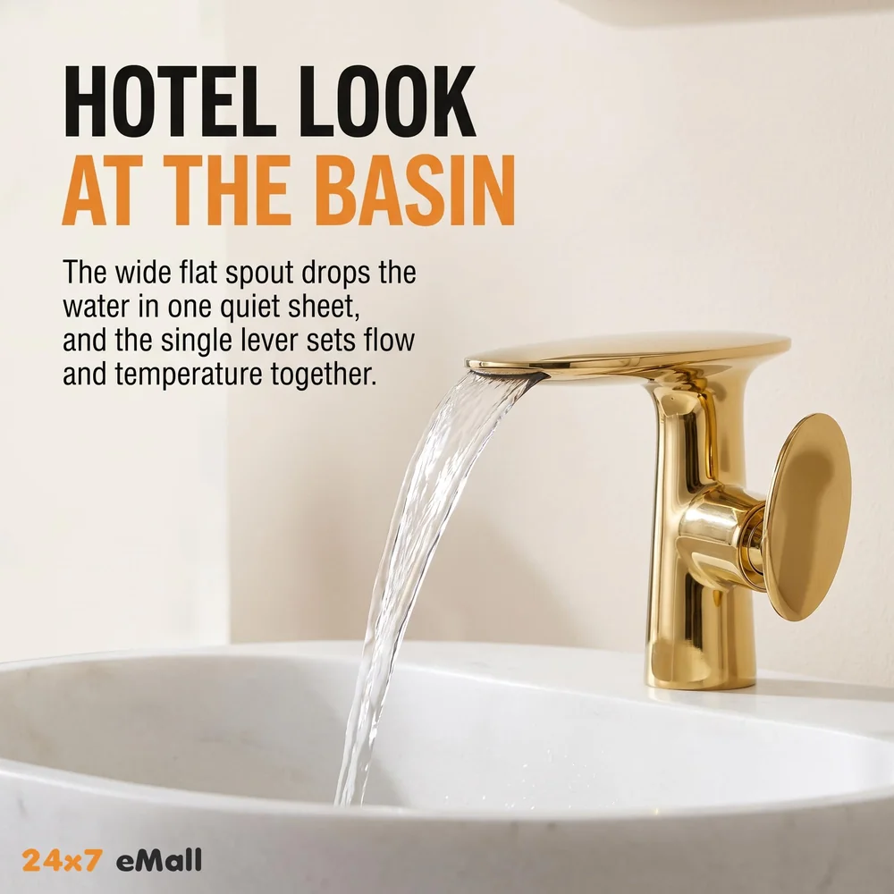 Waterfall Gold Faucet Tap Mixer Hot and Cold Heavy Single Lever Basin Mixer 15.5 Cm 360 Degree Rotating Spout and Ceramic Cartridge for Bathroom Wash Basins