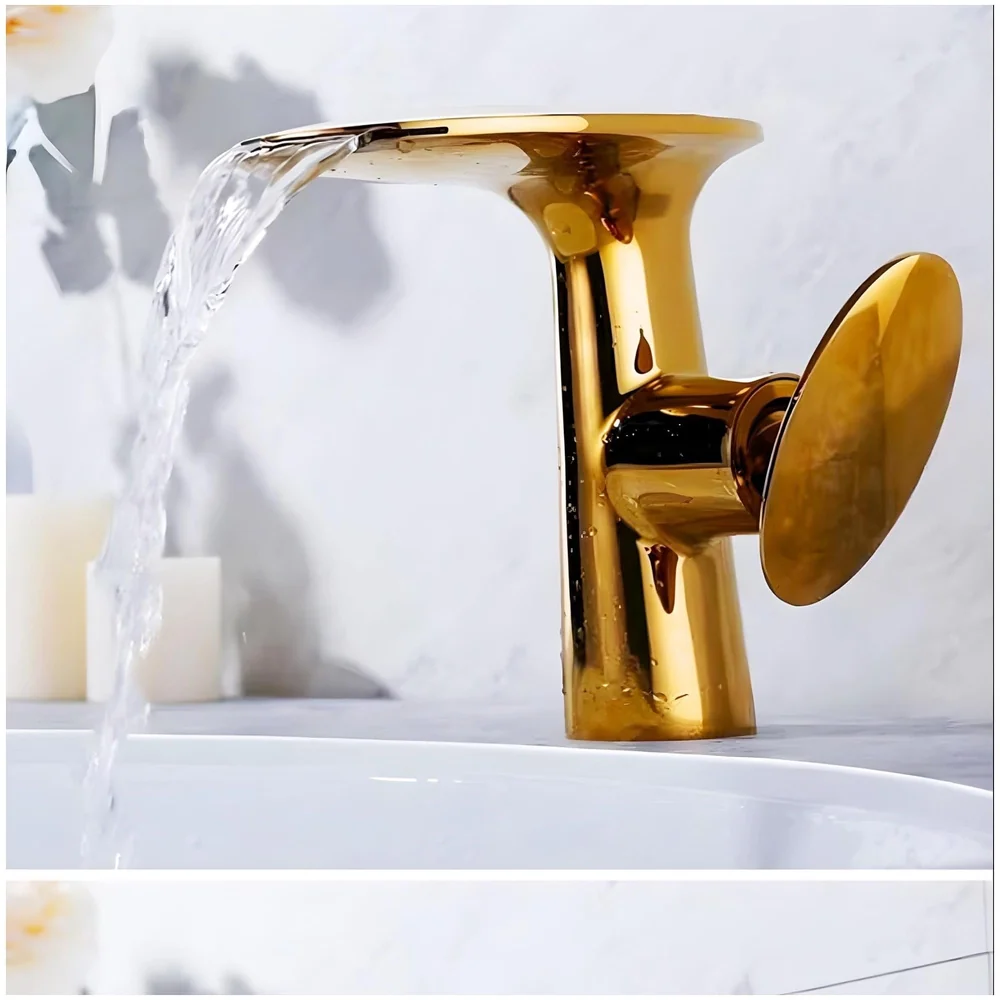 Waterfall Gold Faucet Tap Mixer Hot and Cold Heavy Single Lever Basin Mixer 15.5 Cm 360 Degree Rotating Spout and Ceramic Cartridge for Bathroom Wash Basins