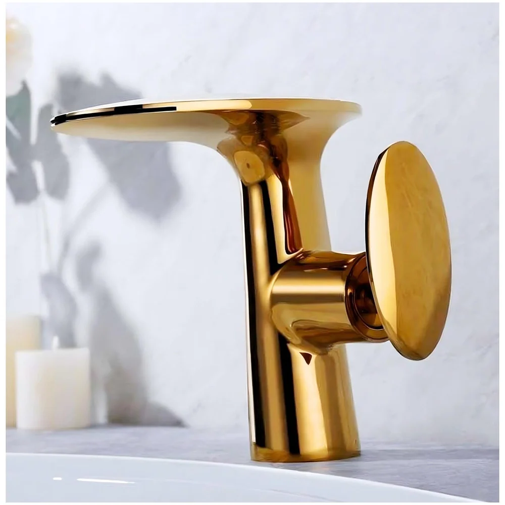 Waterfall Gold Faucet Tap Mixer Hot and Cold Heavy Single Lever Basin Mixer 15.5 Cm 360 Degree Rotating Spout and Ceramic Cartridge for Bathroom Wash Basins