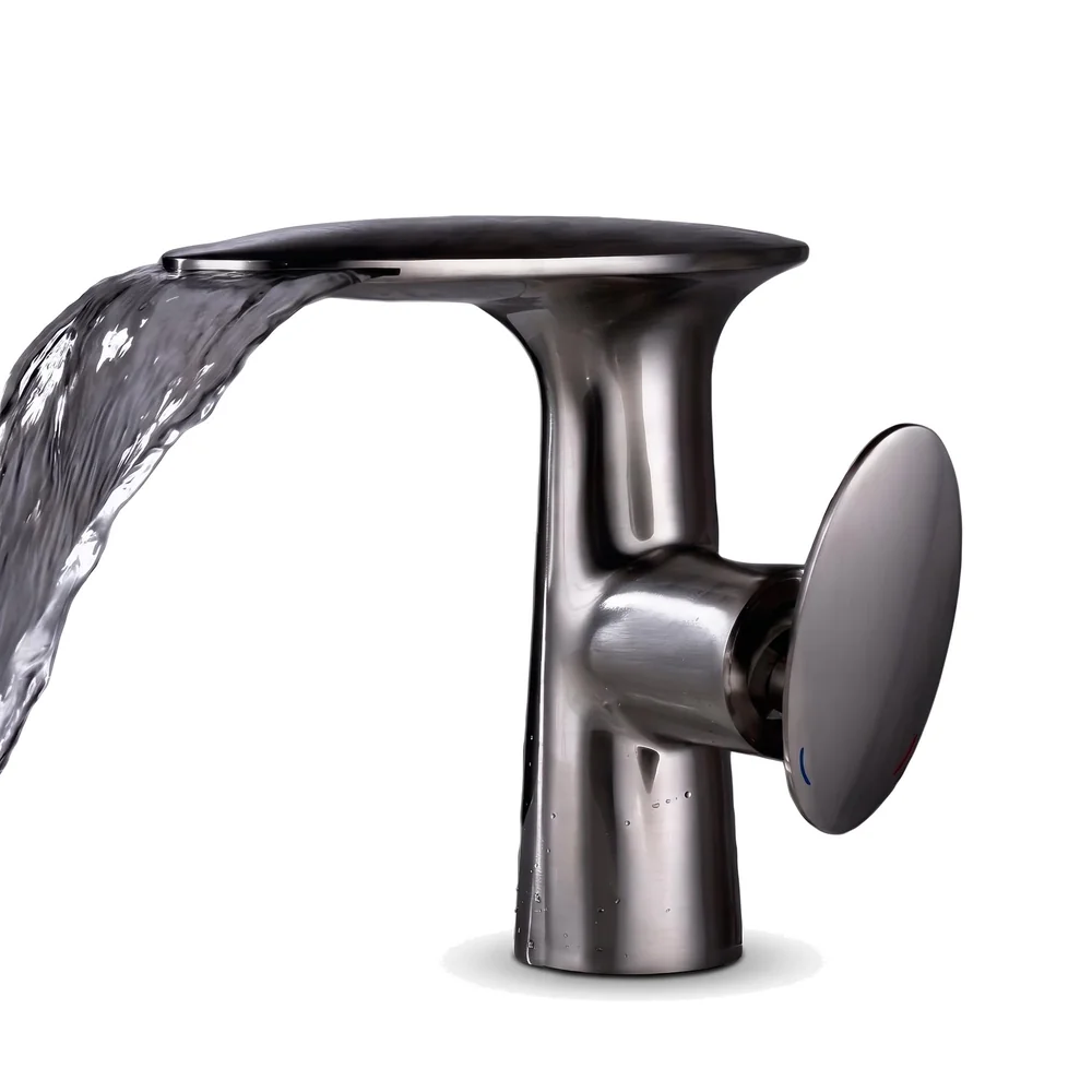 Waterfall Dark Grey Faucet Tap Mixer Hot and Cold Heavy Single Lever Basin Mixer 15.5 Cm 360 Degree Rotating Spout and Ceramic Cartridge for Bathroom Wash Basins