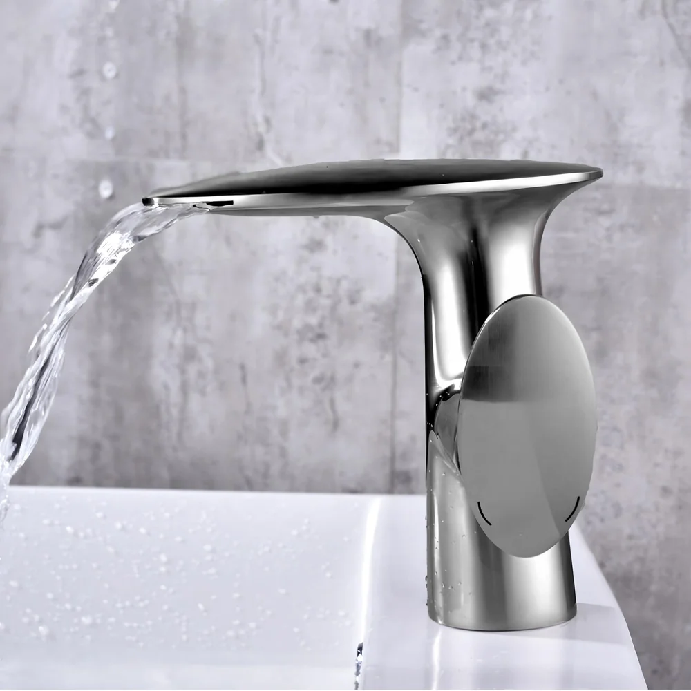 Waterfall Dark Grey Faucet Tap Mixer Hot and Cold Heavy Single Lever Basin Mixer 15.5 Cm 360 Degree Rotating Spout and Ceramic Cartridge for Bathroom Wash Basins