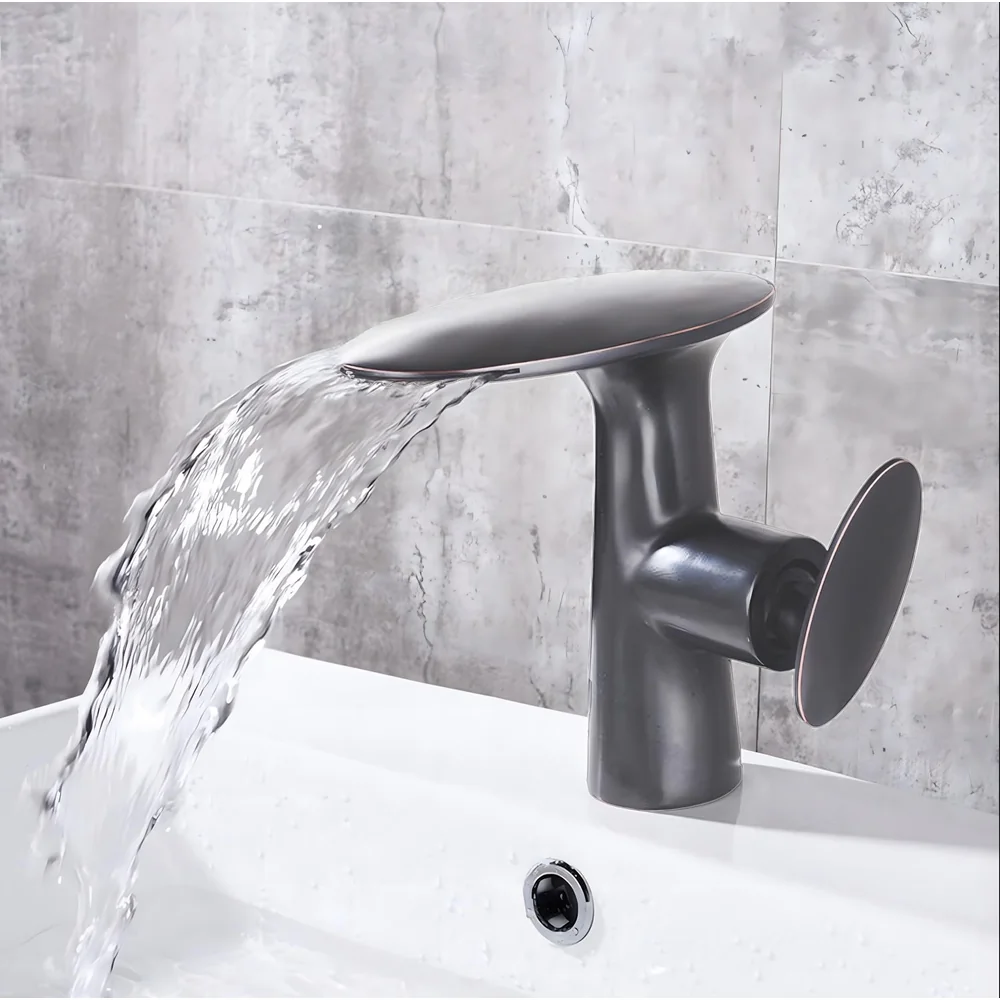 Waterfall Dark Grey Faucet Tap Mixer Hot and Cold Heavy Single Lever Basin Mixer 15.5 Cm 360 Degree Rotating Spout and Ceramic Cartridge for Bathroom Wash Basins
