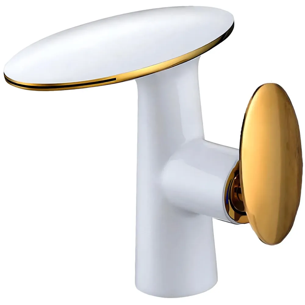 Waterfall White Gold Faucet Tap Mixer Hot and Cold Heavy Single Lever Basin Mixer 15.5 Cm 360 Degree Rotating Spout and Ceramic Cartridge for Bathroom Wash Basins
