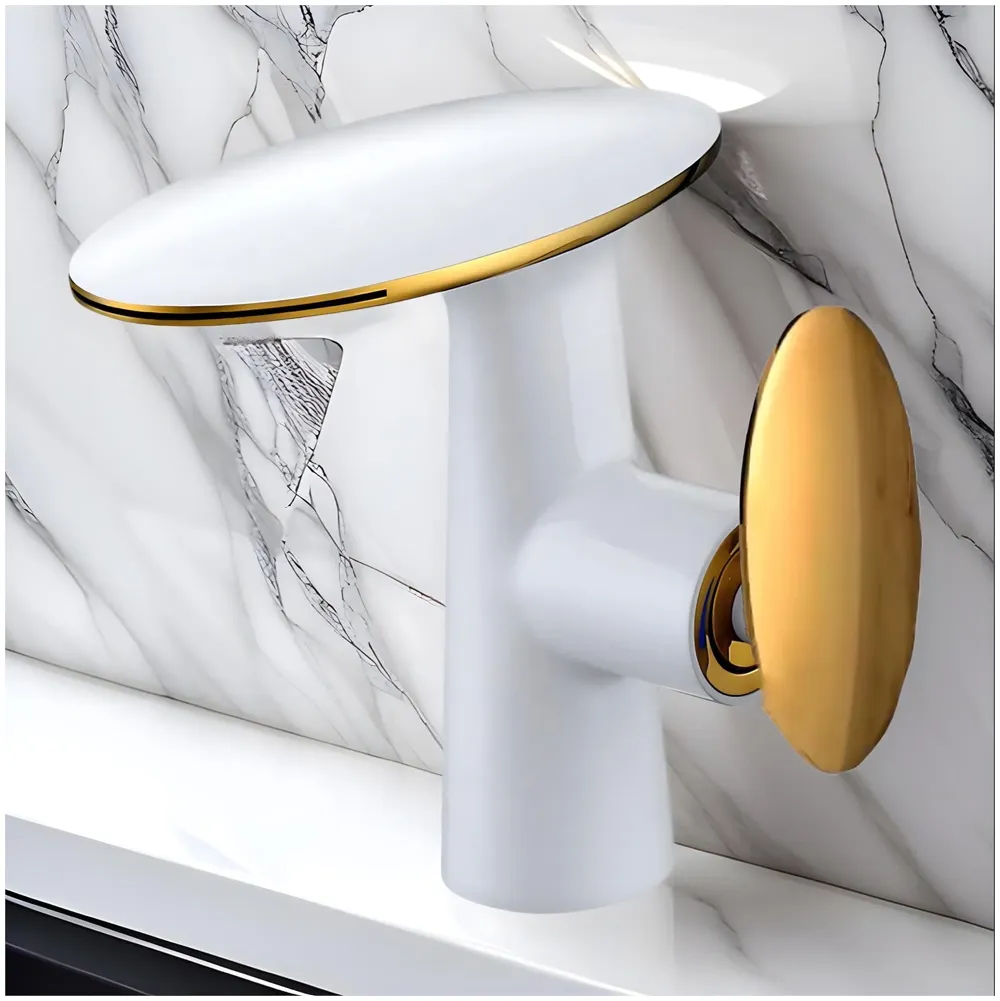 Waterfall White Gold Faucet Tap Mixer Hot and Cold Heavy Single Lever Basin Mixer 15.5 Cm 360 Degree Rotating Spout and Ceramic Cartridge for Bathroom Wash Basins